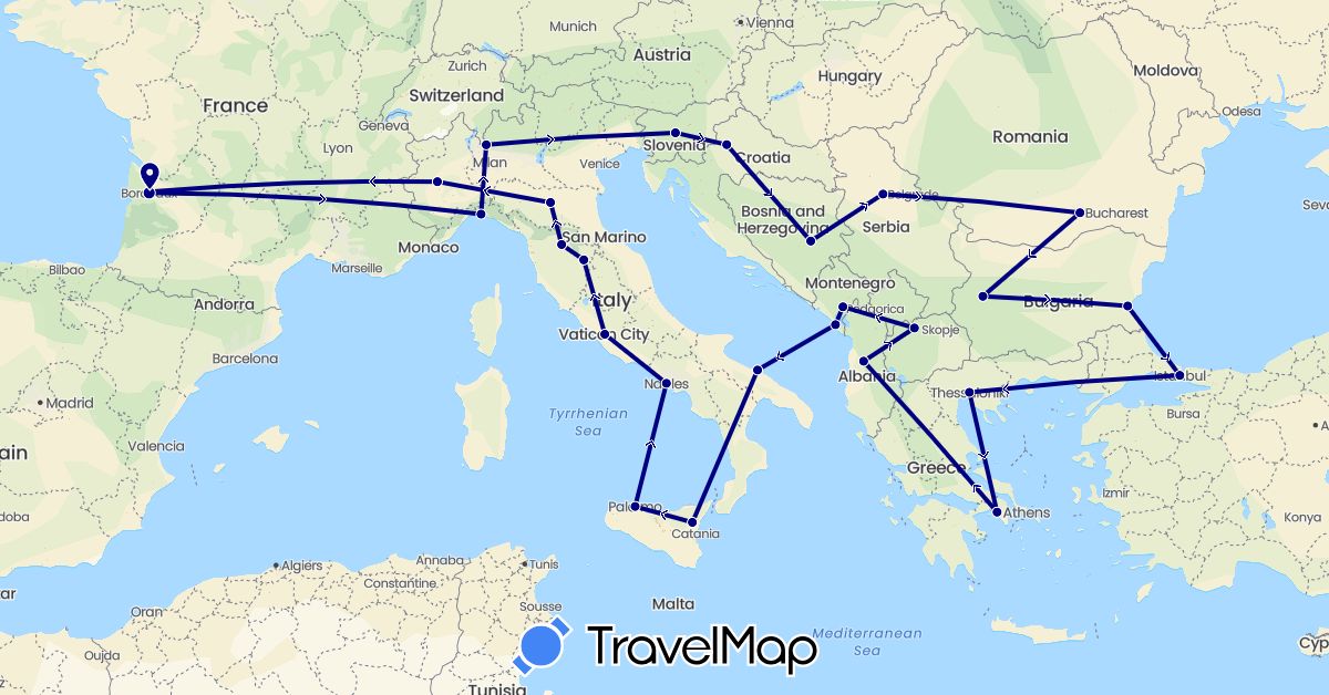 TravelMap itinerary: driving in Albania, Bosnia and Herzegovina, Bulgaria, France, Greece, Croatia, Italy, Montenegro, Macedonia, Romania, Serbia, Slovenia, Turkey (Asia, Europe)